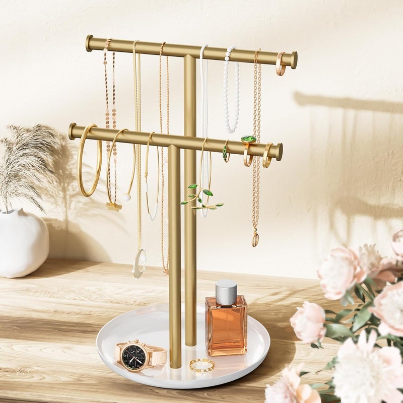 Jasopaco Gold Necklace Rack Stand with Storage Tray - 2 Rods T-Shaped Jewelry Holder Stand for Bracelets, Earrings, Rings | Elegant Vanity & Dresser Top Storage for Women. - Image 1